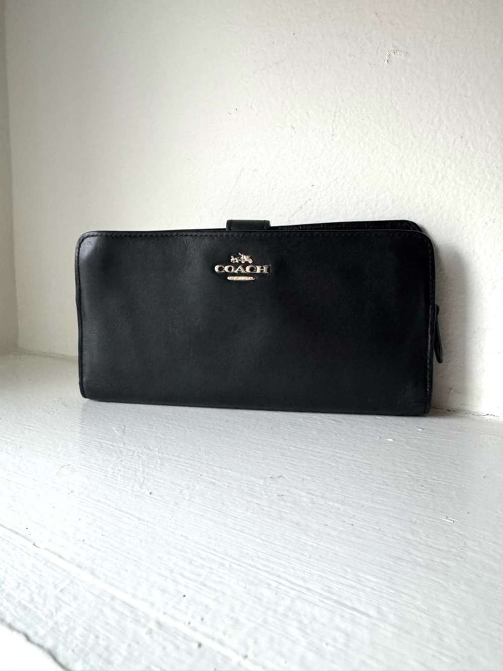 Coach Black Leather Zip-Around Continental Slim Wallet with Logo Plaque